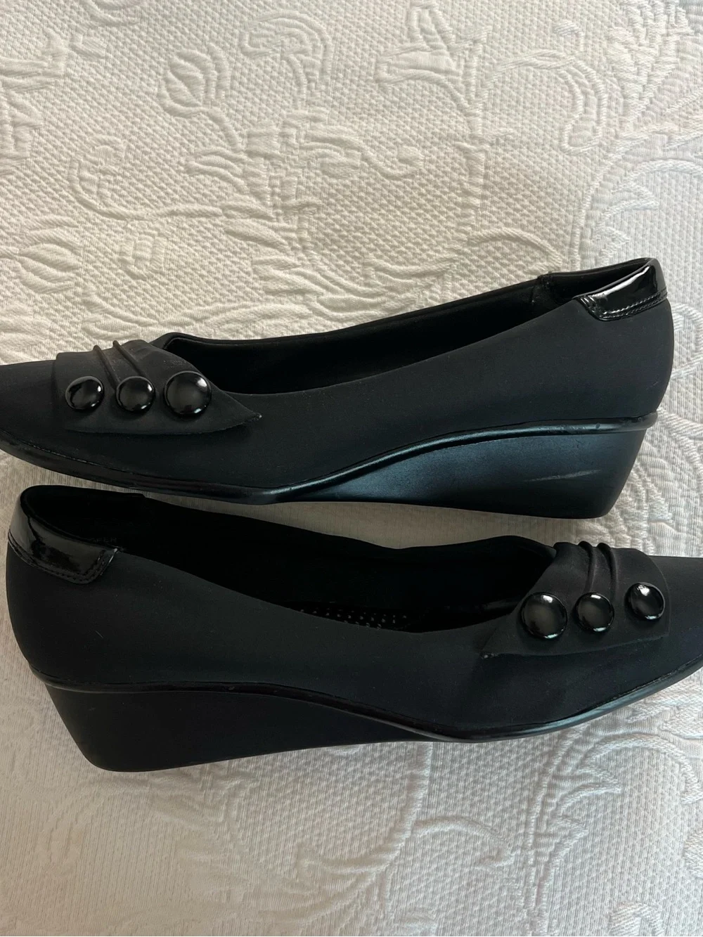 dressbarn Black Wedge Loafers with Glossy Button Accents